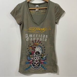 Ed Hardy American Eagle Skull Retro Bling Rhinestone Rare Made in USA Top Size S